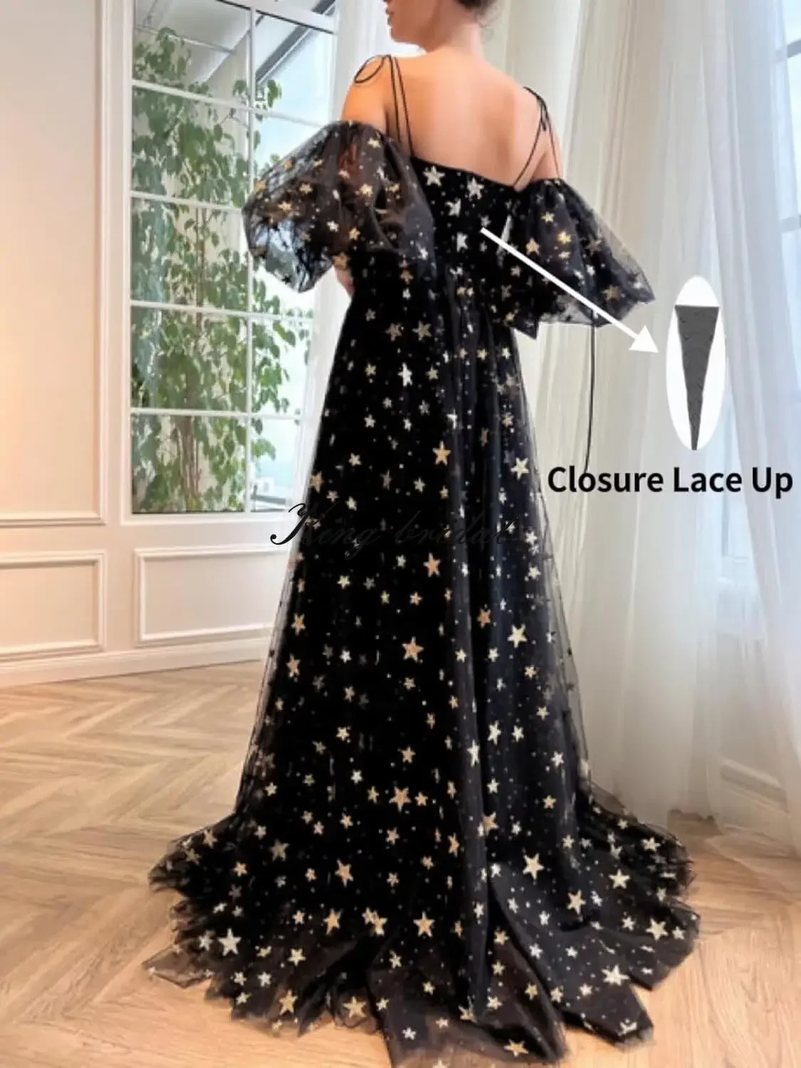 ชุดเพื่อนเจ้าสาวรุ่นจูเนียร์ ผ้าทูลล์วิบวับประดับดาว ชุดราตรีออกงานสำหรับผู้หญิง แขนยาวพองฟู แต่งกลิตเตอร์รูปดาว ชุดราตรีงานเลี้ยง