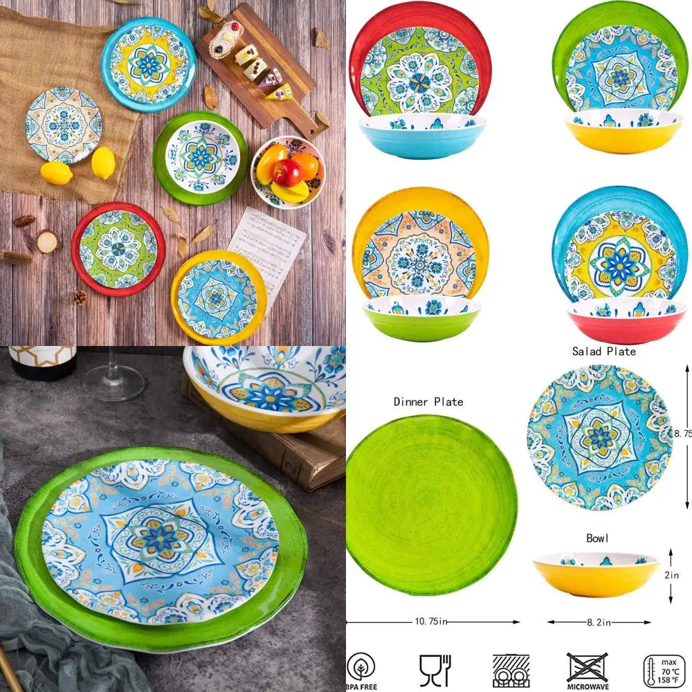 

12-Piece Melamine Dinnerware Set: Durable, Vibrant, Dishwasher Safe, Shatter & Chip Resistant (Not Microwave or Oven Safe)