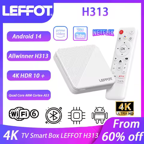 LEFFOT H313 TV Box 4K@60fps 100M/LAN Wifi6 BT5.0 Google Voice Assistant Media Player Android 14 Smart Set Top Box