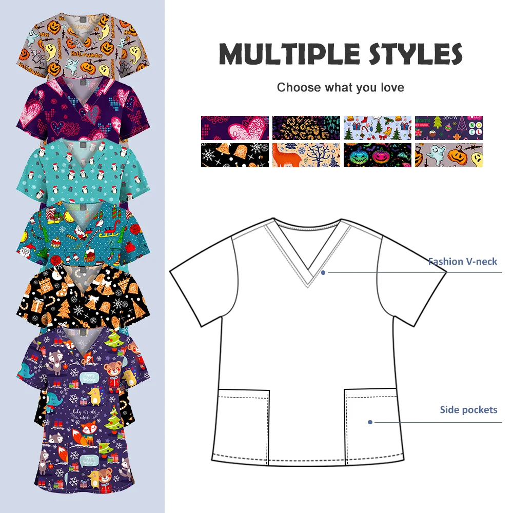 Uniforme de belleza para enfermera y hombre, camisetas con cuello en V con estampado navideño, uniformes quirúrgicos para Hospital, Top exfoliante estampado para enfermera