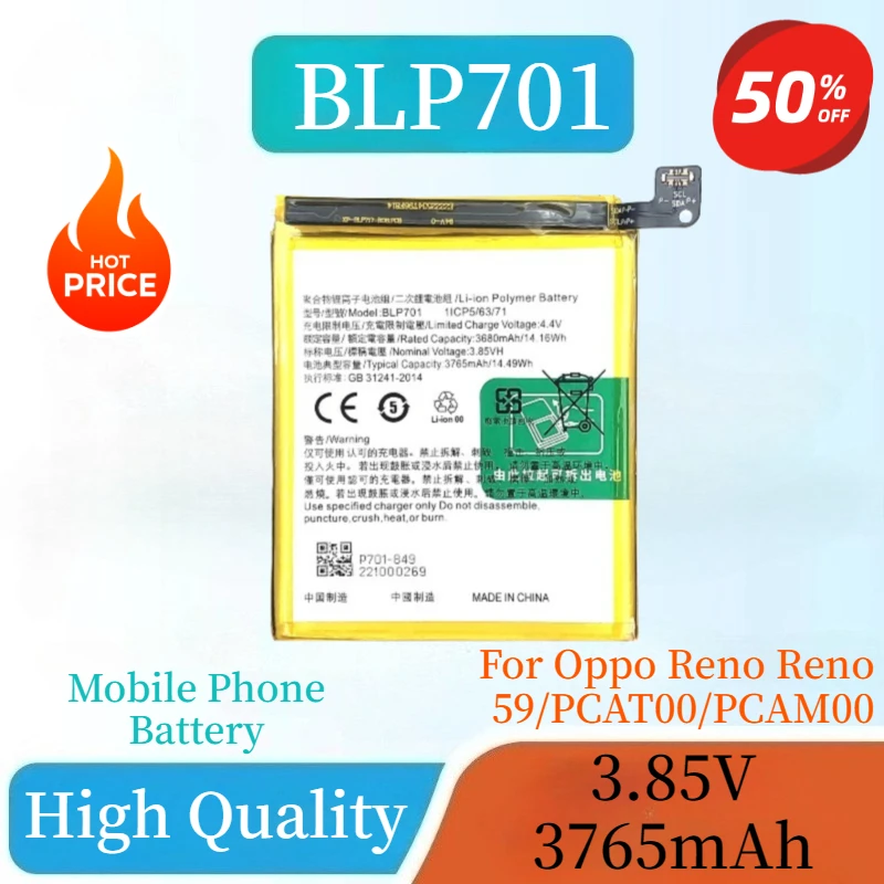 

New High Quality BLP701 Lithium Polymer Battery for Oppo Reno Reno 59/PCAT00/PCAM00 Replacement Mobile Phone Batteries 3765mAh