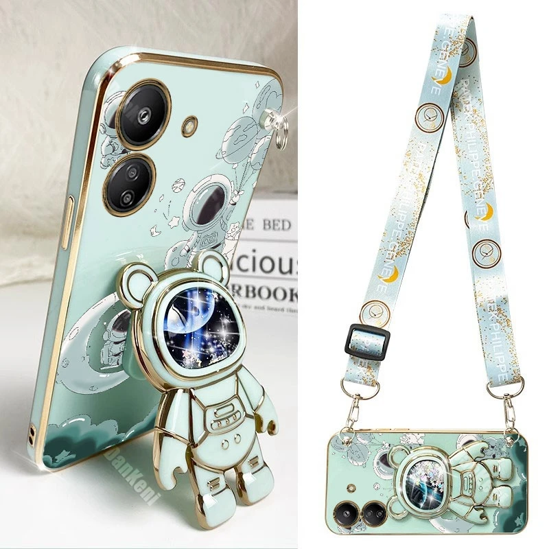 13C 12 Brave Astronaut Holder Lanyard Plating Phone Case For Xiaomi Redmi 13C 12 10 9A 9i 12C 10C 10A 8A 11A 8 9C 9CNFC A3 Cover