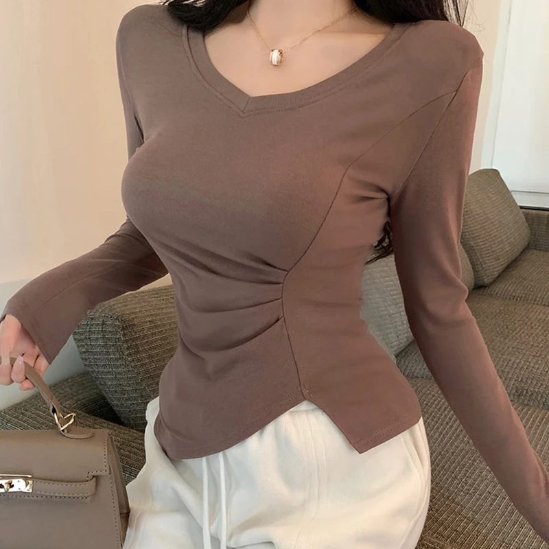 Solid Long Sleeve T Shirt For Women T-Shirts 2023 Autumn V-Neck Slim Bottoming Tee Shirt Femme Korean Fashion Folds Crop Tops