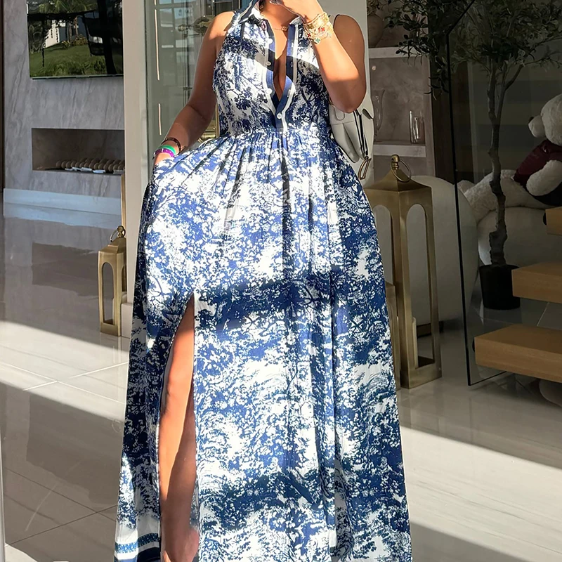 Abito camicia senza maniche con risvolto da donna casual Nuova moda estiva Abiti da spiaggia divisi Abito a vita alta con bottoni stampati con motivo retrò