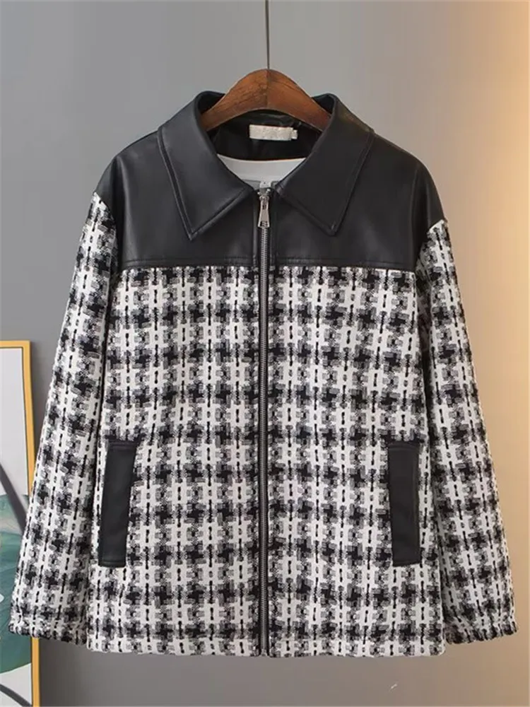 

Plus Size Women's Clothing Autumn Long Sleeve Jacket Zip Cardigan Made Of Floral Plaid And Leather Stitching On The Shoulders