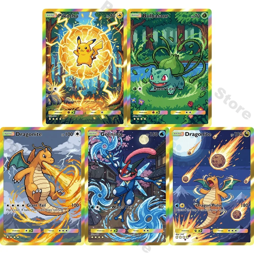 5Pcs PTCG PTCG Cards Holo Ultra Rare Cards Pixel Style Bulbasaur Greninja Creativity Game Collection Cards PTCG Gift