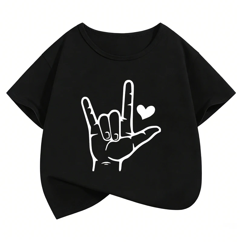 Graphic Hand with Love Printed Design T Shirts Kids Children's T-shirt Boys Girls Summer Spring Casual Top Tee Shirt