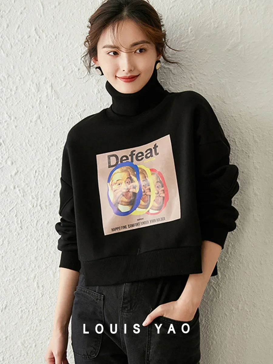 LOUIS YAO Women's Sweatshirts 2026 Winter Velvet Double Layer Splicing Knitted Top High Collar Fun Face Printed Women's Hoodie