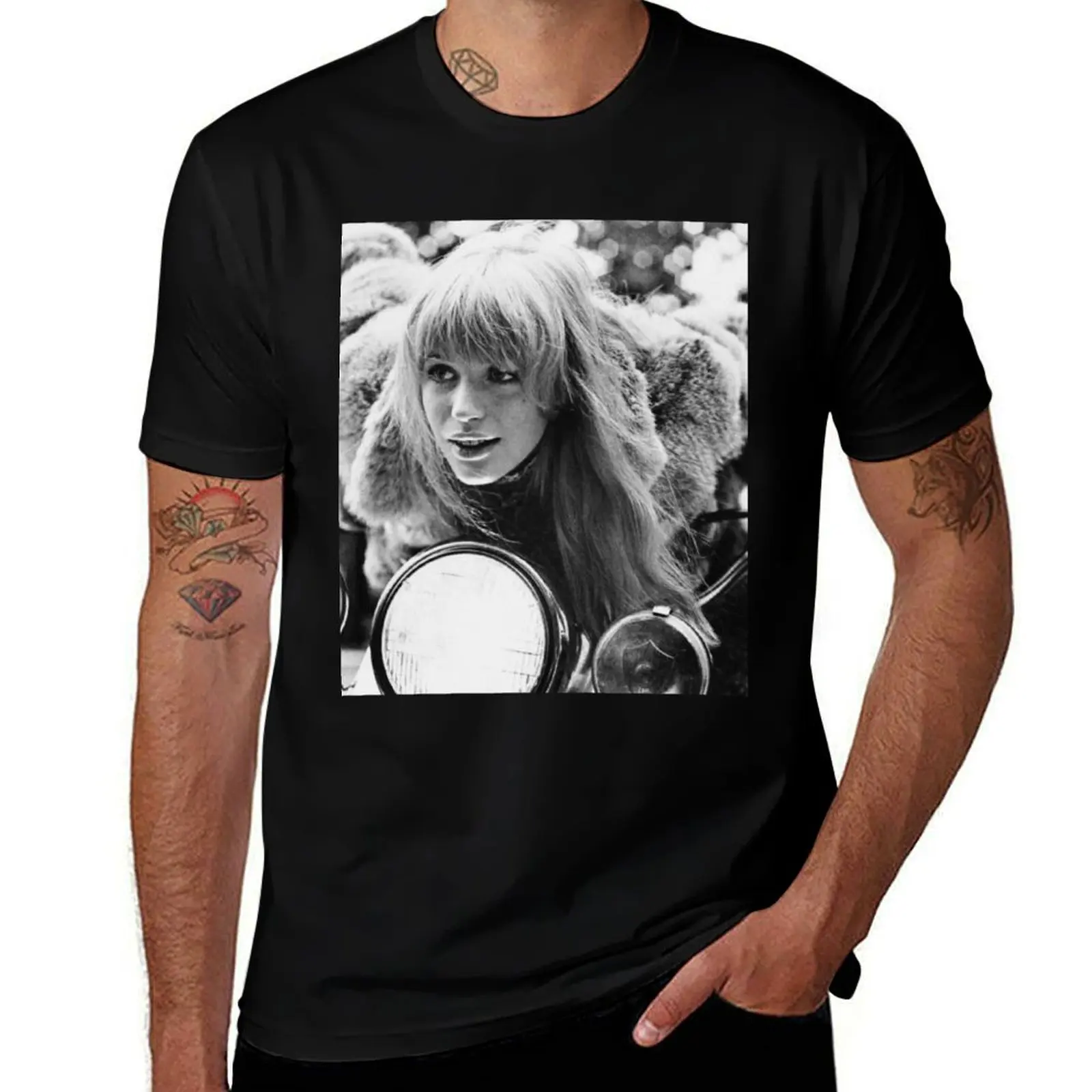 

Girl on a motorcycle 1968, Black and white fashion photography, marianne faithful T-Shirt custom t shirt Men's t-shirt