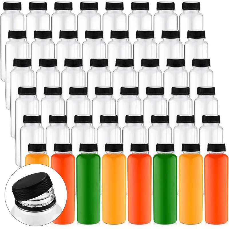 

200 упаковок пластиковых бутылок для сока с крышками, прозрачные многоразовые контейнеры для напитков с крышками, пустые бутылки для напитков из ПЭТ, оптом для
