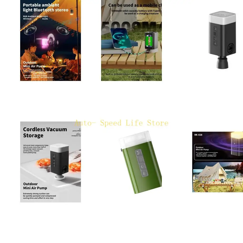 

02DA Легкий надувной насос IPX5 Водонепроницаемый инфляционный насос Громкоговоритель BLE5.3 Кемпинговый светильник для улицы и