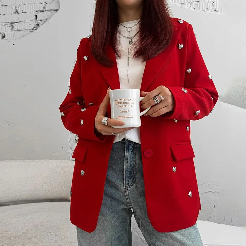 

Jacket Women 2025 Autumn New Comfortable Casual Loose Love Metal Decoration Suit Jacket Blazer Mujer