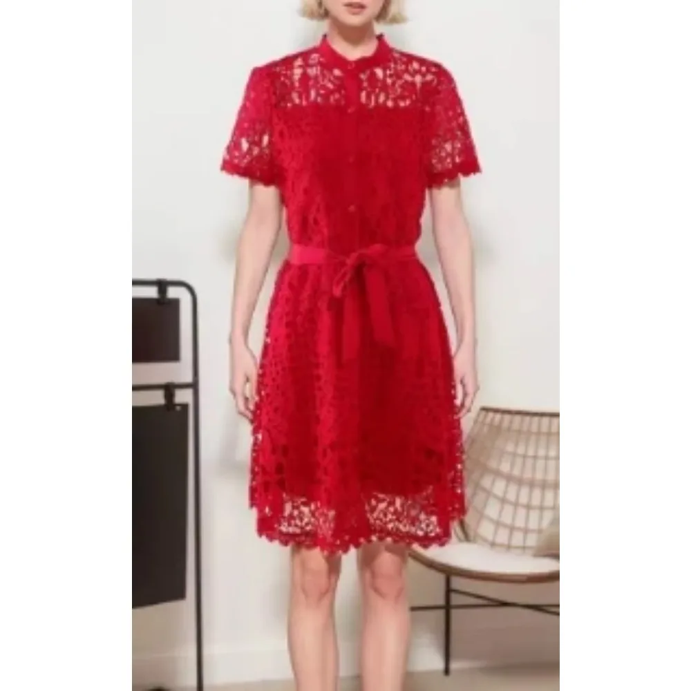 French Vintage Lace O-neck Hollow Out Bandages Short Sleeves Dress Casual Women Fashion Spring/Summer Vestidos Dress