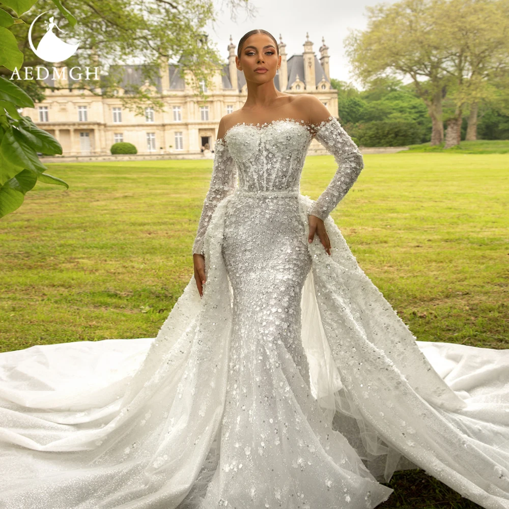 

Aedmgh Русалка Сексуальные свадебные платья с круглым вырезом Vestido De Novia Кружева 3D цветы Съемный шлейф Блестящие свадебные платья на заказ