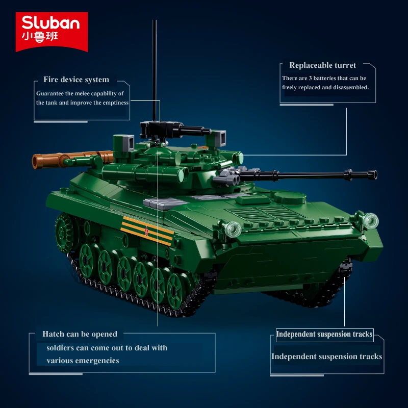 Sluban New WW2 Military 3 IN 1 The BMP-2MS Medium Tank Building Blocks Soldiers Army Bricks MBT Toys for Boys Gifts 738 PCS