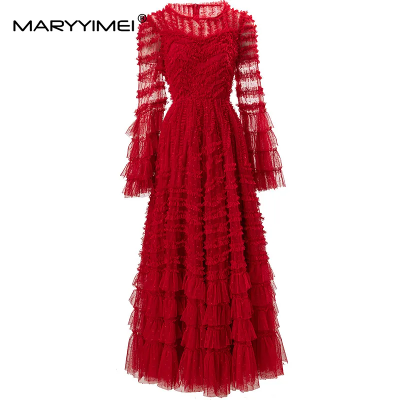 Imagem -04 - Maryyimei-vestido de Manga Flare Feminino Stripe Comestível Árvore Fungo Fino Elegante Festa Ruffles Vestidos Designer de Moda Primavera