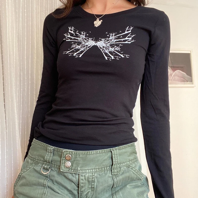 

Woman Clothes Print Spice Girl Print Long Sleeve T-shirt Slimming Contrast Color Top Y2k Clothes ropa de mujer