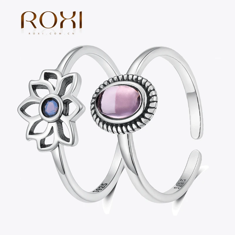 

ROXI 925 Sterling Silver Retro Color Lotus/ellipse Crystal Rings For Women Men Adjustable Punk joyas de plata 925 original adorn