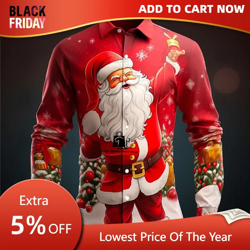 

Santa Claus casual men's shirt for daily wear, autumn and winter collar long sleeved shirt, comfortable and fashionable shirt