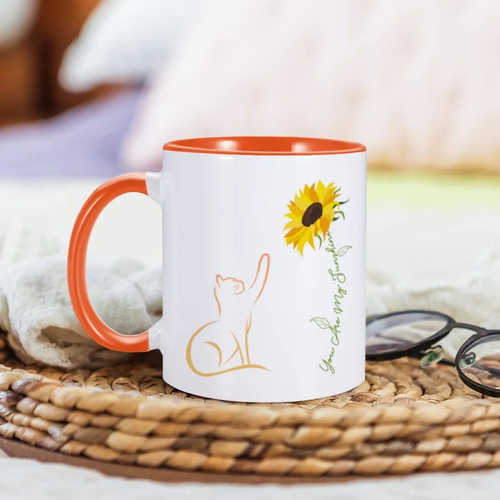 Cute Cat With Sunflower Printed On Coffee Mugs You Are My Sunshine Ceramics Milk Tea Mug Perfect Gifts Cup For Daughter Cat Mom