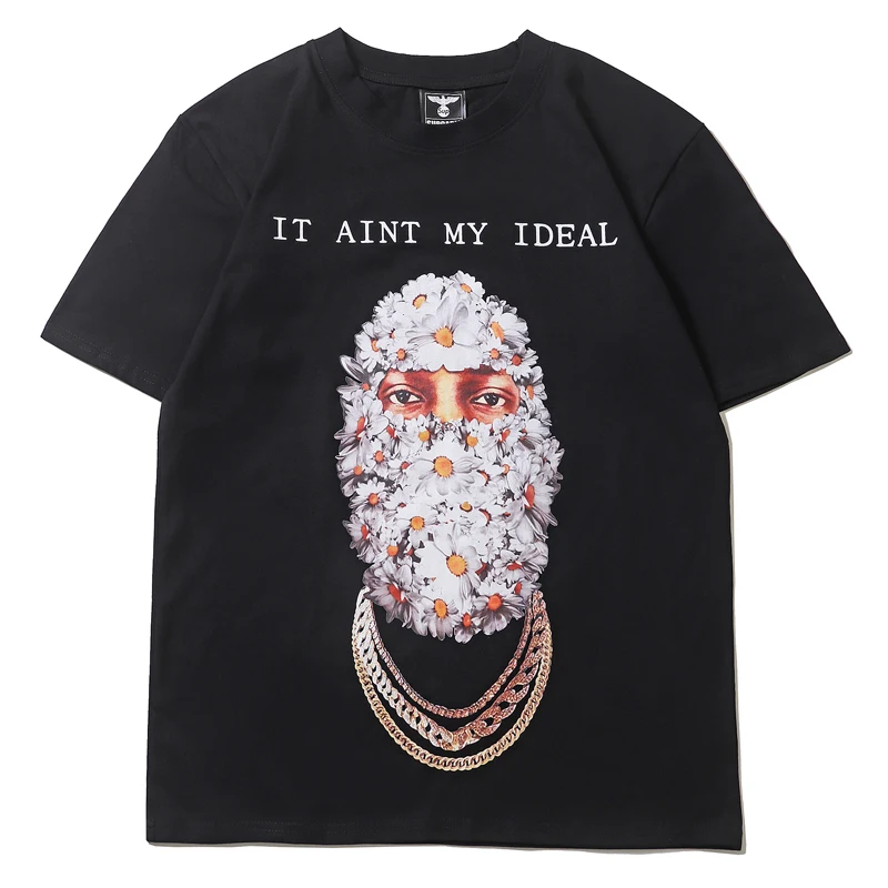 Hip Hop Flower Mask Men Letter Print Casual Short Sleeve Mens Tshirts Crew Neck Oversized Cotton Streetwear Loose Top Tees