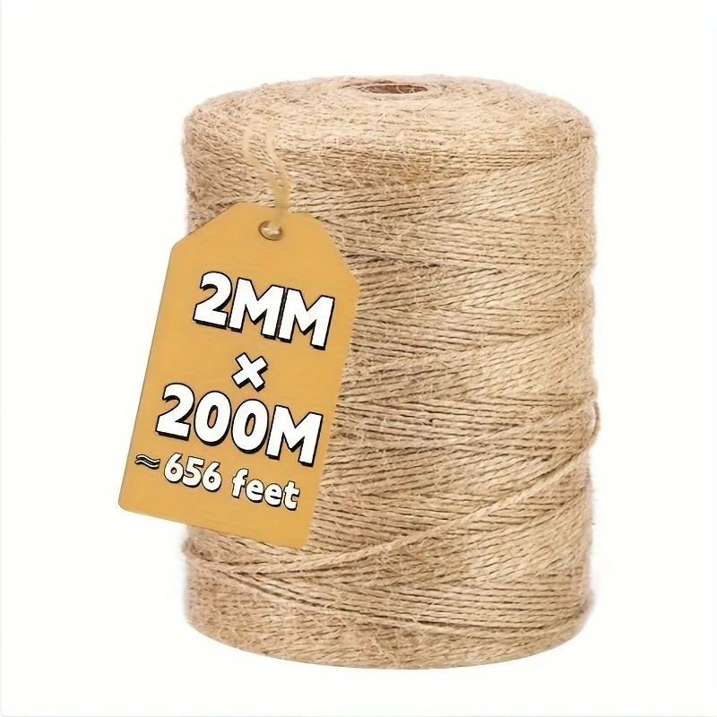 Corda de Juta Reforçada 200m x 2mm, Fio Grosso de 656ft para Jardinagem, Embalagem de Presentes e Decoração Artística