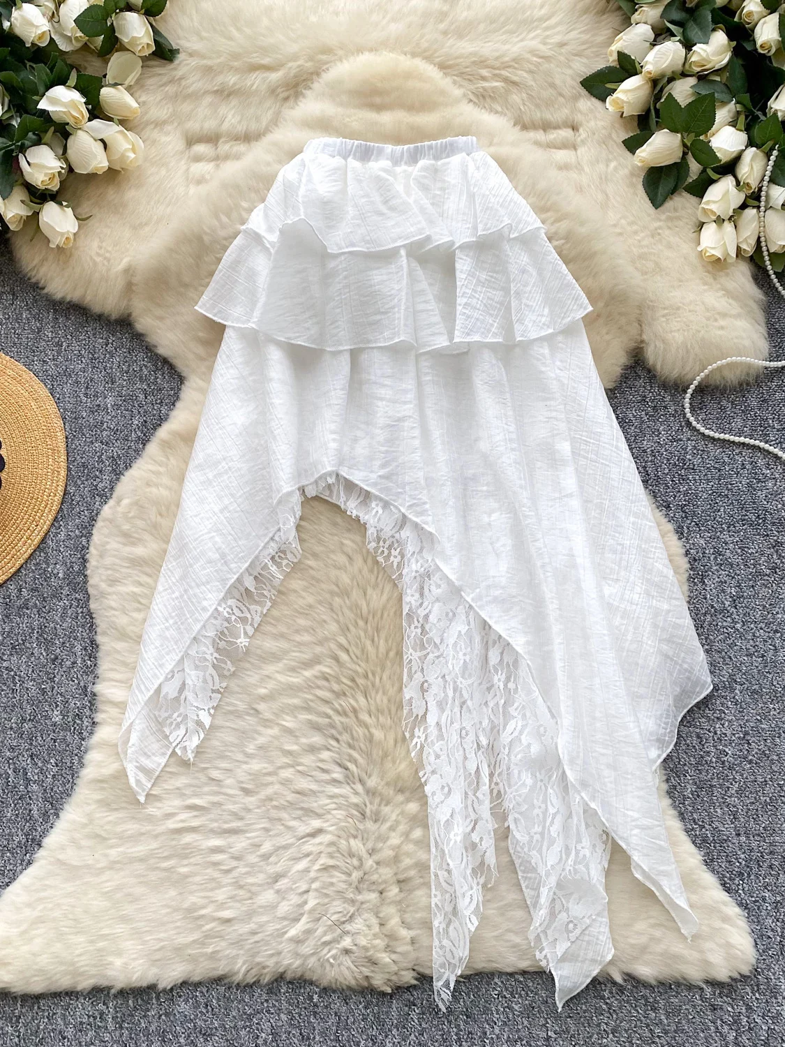 Hohe Taille Spitzenbesatz f Rock Feenrock Damen Herbst Faion Design Einzigartige asymmetrische Spitze Spleißen Ci Pendeln