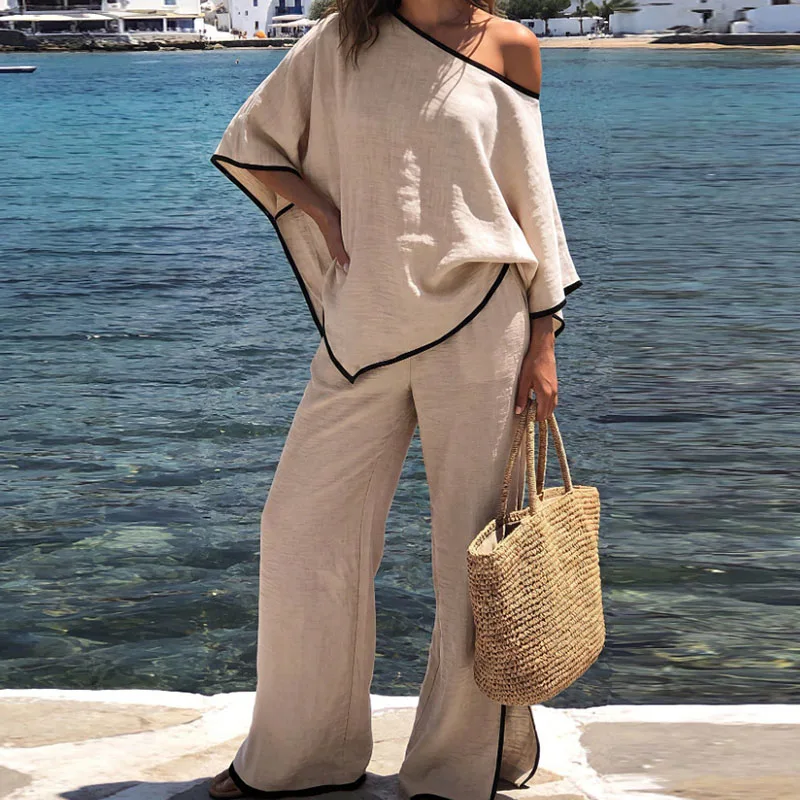 Autumn Vacation Solid Color Women Outfit Bating Sleeve Design Commuting Suit Sexy Sloping Collar Top with Wide Leg Pants 2pc Set