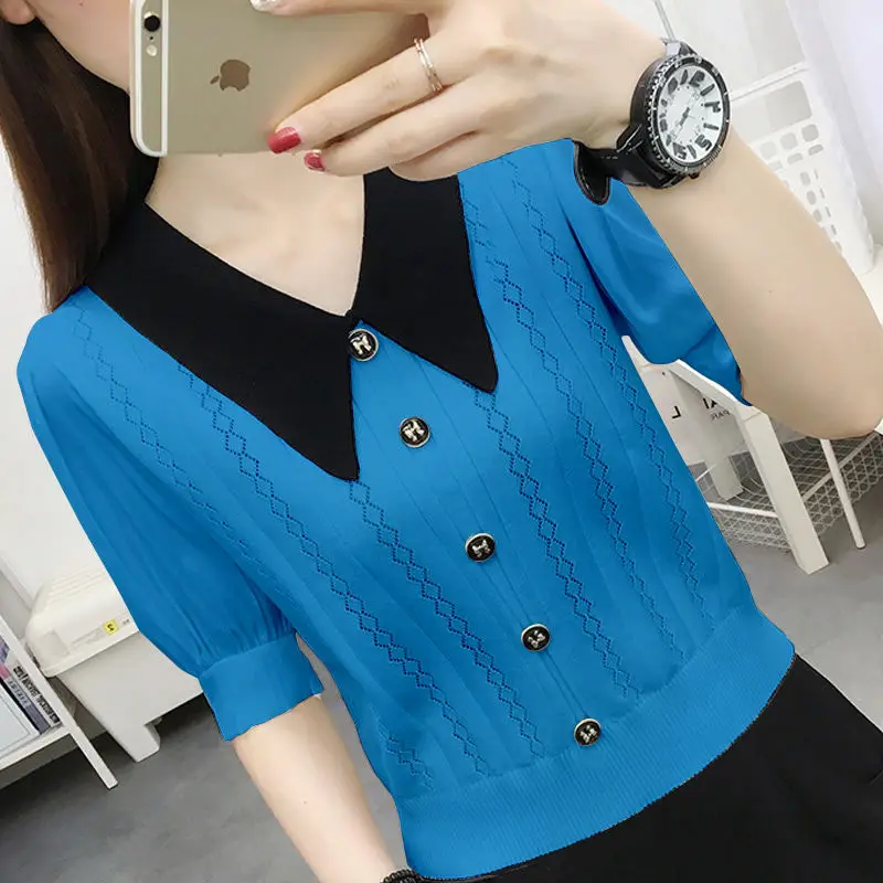 Fashion Peter Pan Collar Spliced Hollow Out Button Oversized Shirt Summer New Casual Tops Loose Commute Female Clothing Blouse