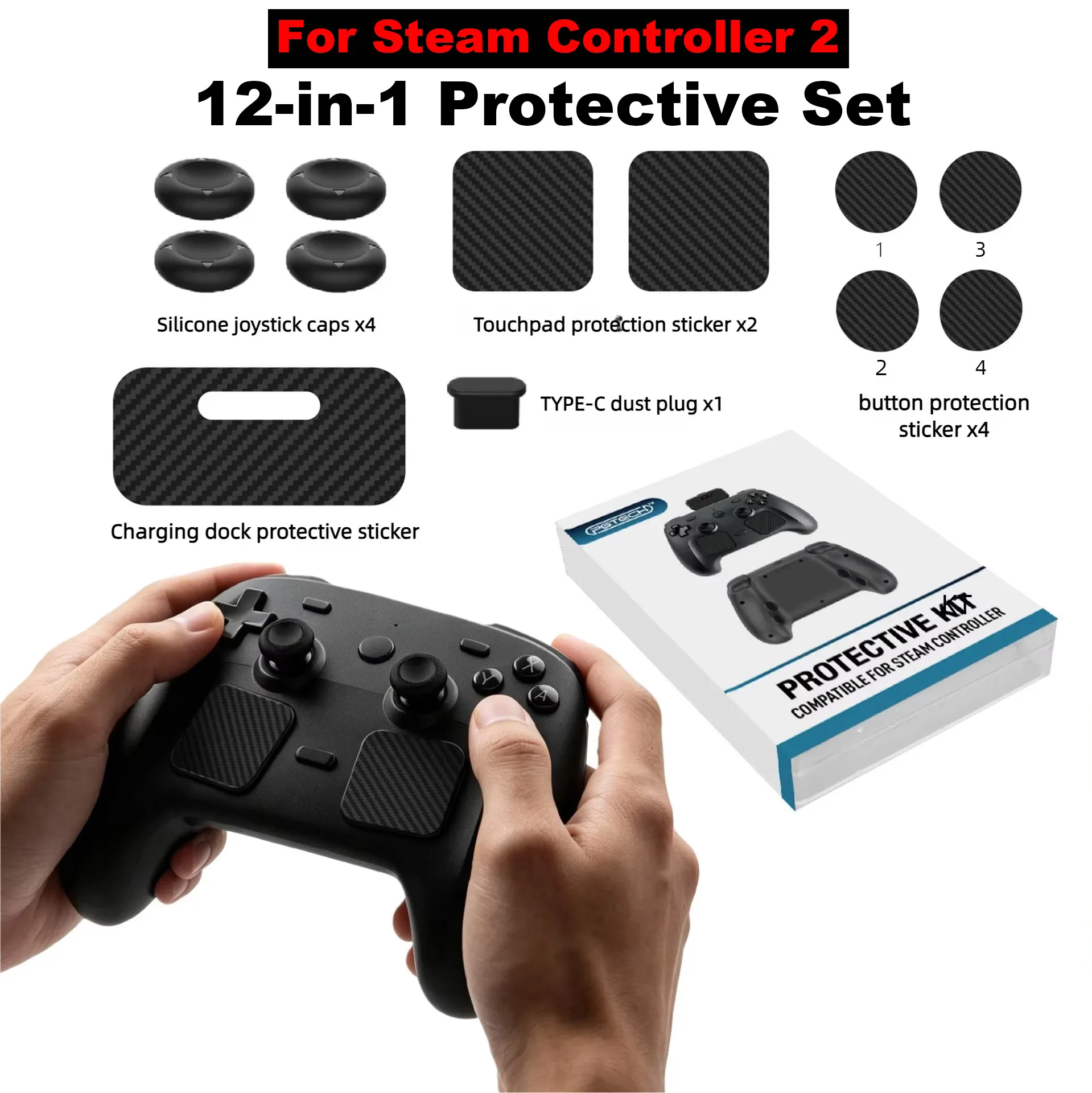 12-in-1 Kits Silicone Joystick Caps & Trackpad Skin Sticker for Steam Controller 2 Gaming Accessories Type-C Dust Plug