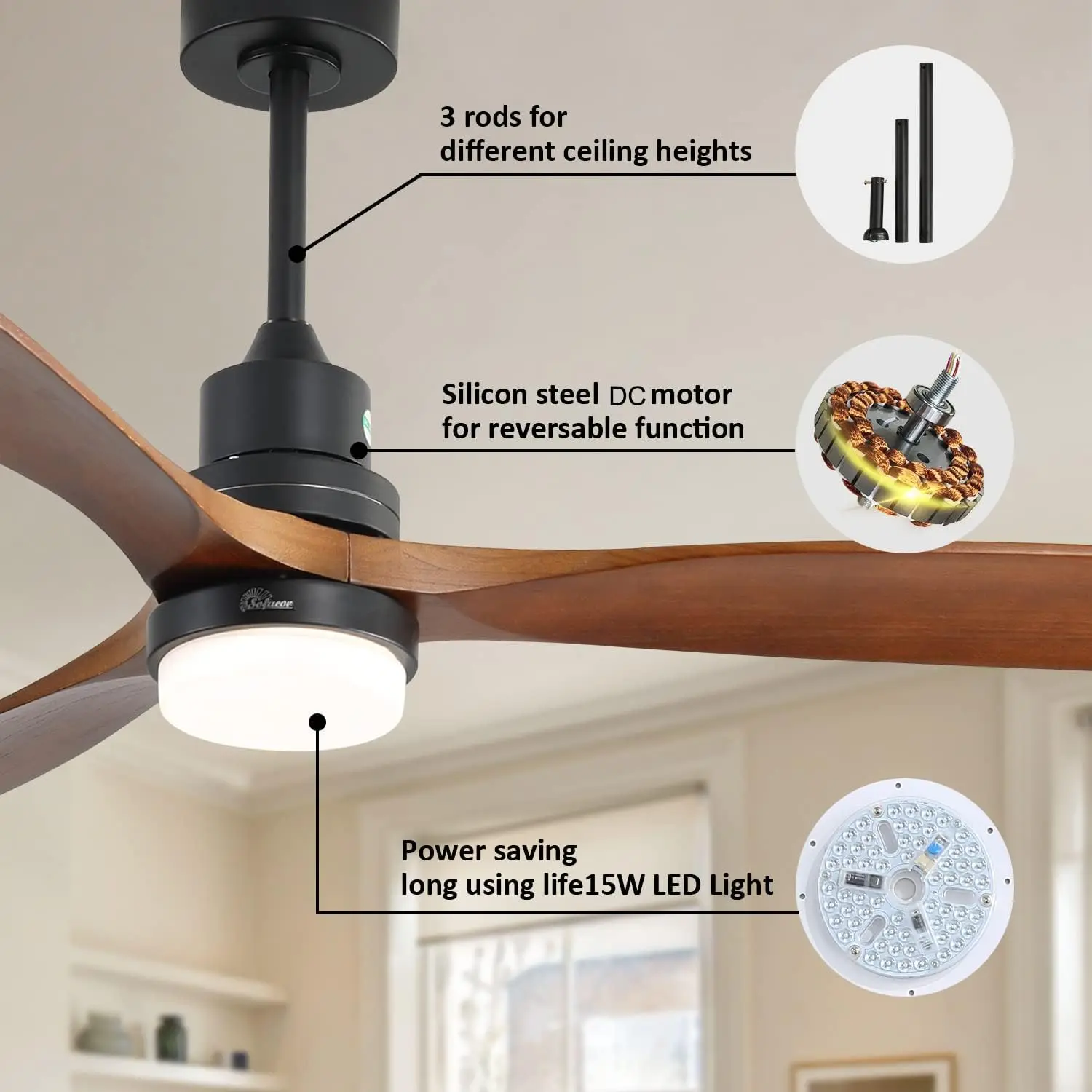 52Inch Wood Ceiling Fan With Lights Remote Control Dimmable LED Light 3 Walnut Fan Blades Reversible DC Motor Modern Ceiling Fan