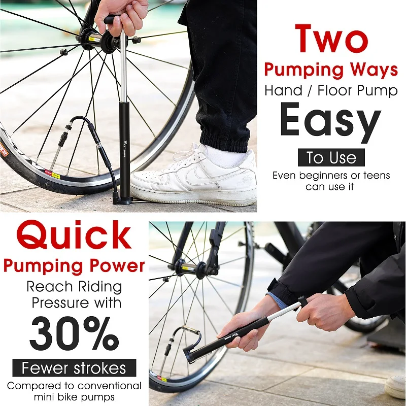 WEST BIKING Bicycle Air Pump Hand High Pressure With Gauge Mini Portable Alloy Pump For Schrader Presta Valve Tire Air Inflator