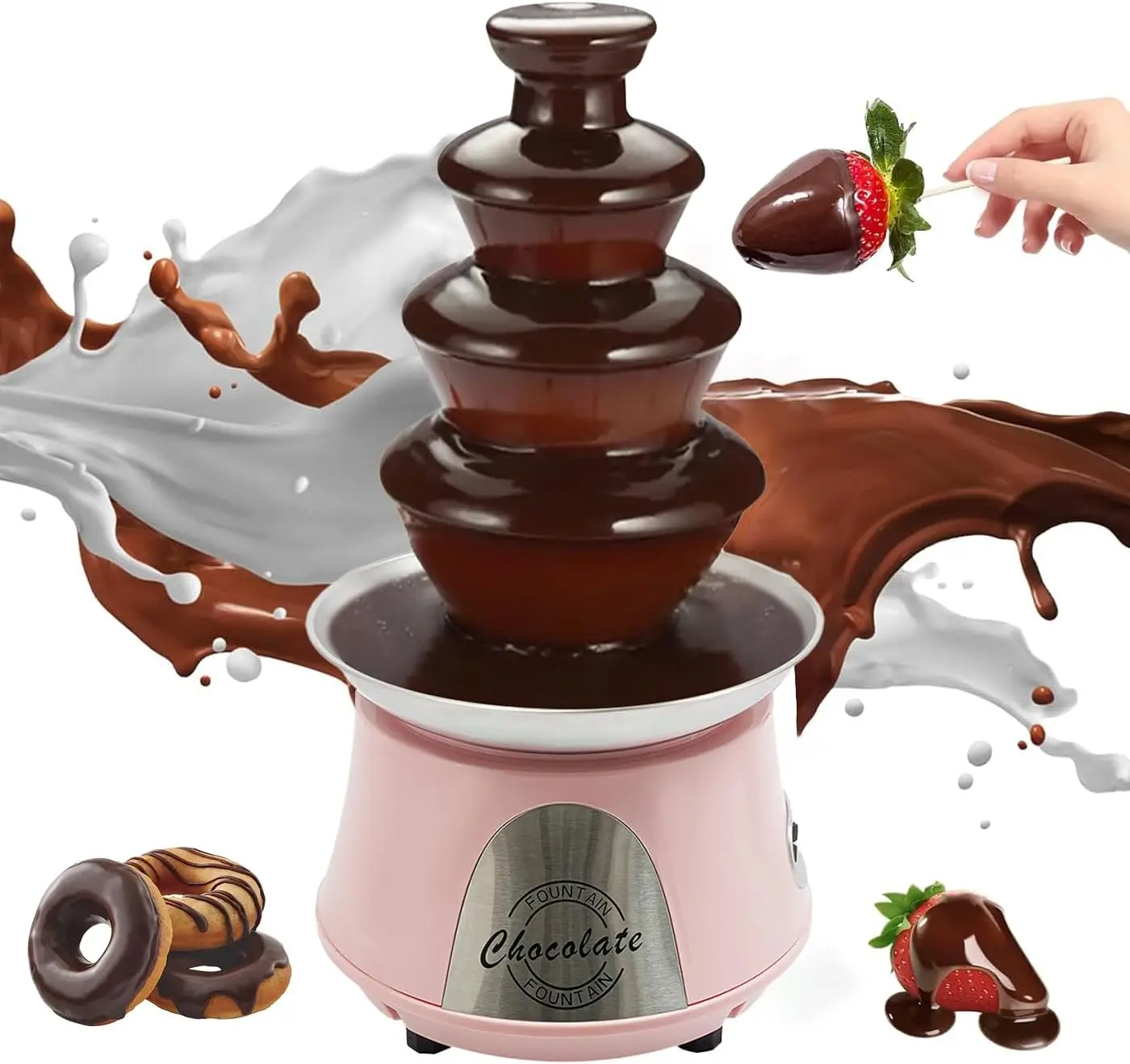 NEW 4 Tier Electric Chocolate Fountain Machine, Pink Chocolate Fondue Fountain Machine 180W Cheese Fountain Party Chocolate Fountain for Sauce Liqueuers Nacho Cheese Birthday Wedding Party (Pink)