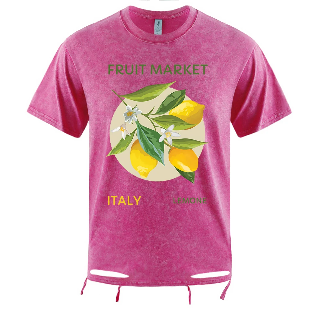 Fruit Market Italy Lemon Fruit Printing Washed Holes T-Shirt Man Summer Cotton T Shirts All-Match Hip Hop Top Loose Soft Clothes
