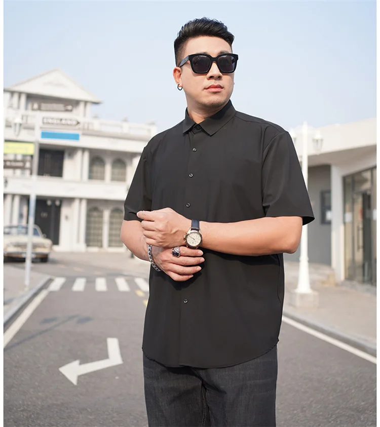 Summer plus size men's short-sleeved shirt casual high elastic ice silk solid color shirt 160kg 12xl White shirt 9XL 160KG