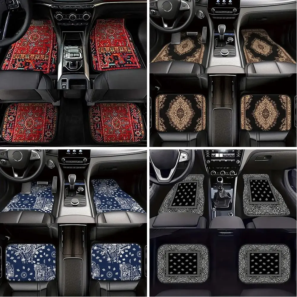 4-teiliges Set Bohemian Auto-Fußmatten, strapazierfähig, schmutzabweisend, im persischen Teppich-Stil, Auto-Dekoration, rutschfeste Auto-Bodenschutz-Teppiche