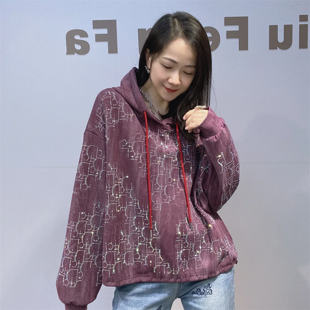 Otoño Invierno de manga larga para mujer suéteres con capucha moda patrón de letras diamantes sudaderas sueltas jerseys ropa de mujer