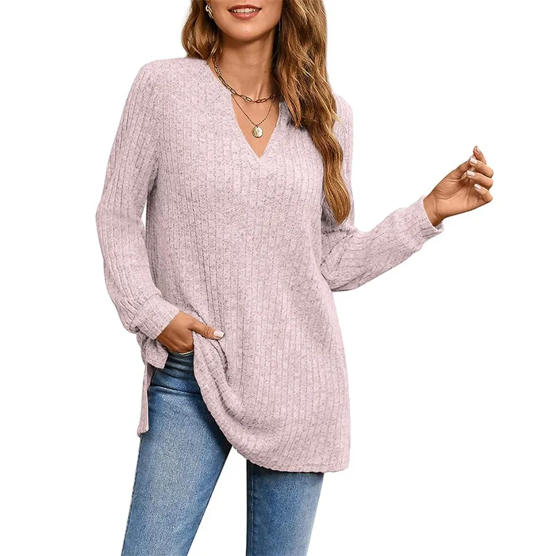 

2025 Spring Summer Women's Casual Knit Sweater Long Sleeve Solid Color Side Slit Loose Top with Pockets