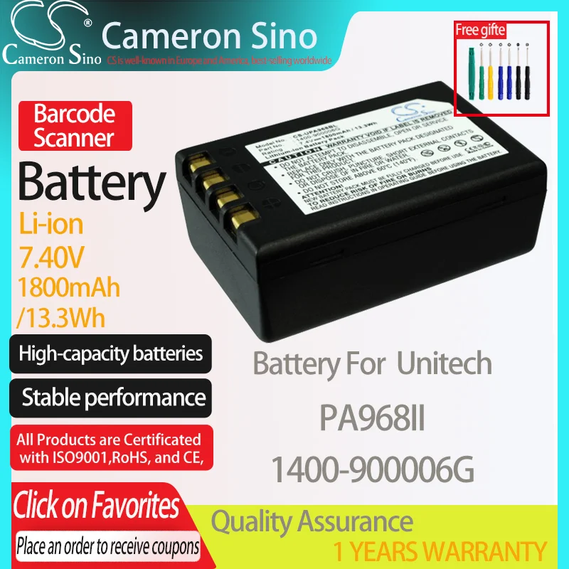 CameronSino Battery for Unitech PA968II fits Unitech 1400-900006G Barcode Scanner battery 1800mAh/13.3Wh 7.40V Li-ion Black