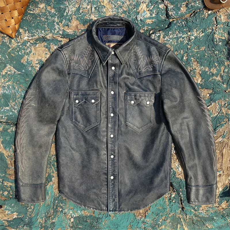 Blue Spring Leather Shirt Men Vintage Style Plus Size 4XL Genuine Natural Cowhide Single Breasted Leather Jacket