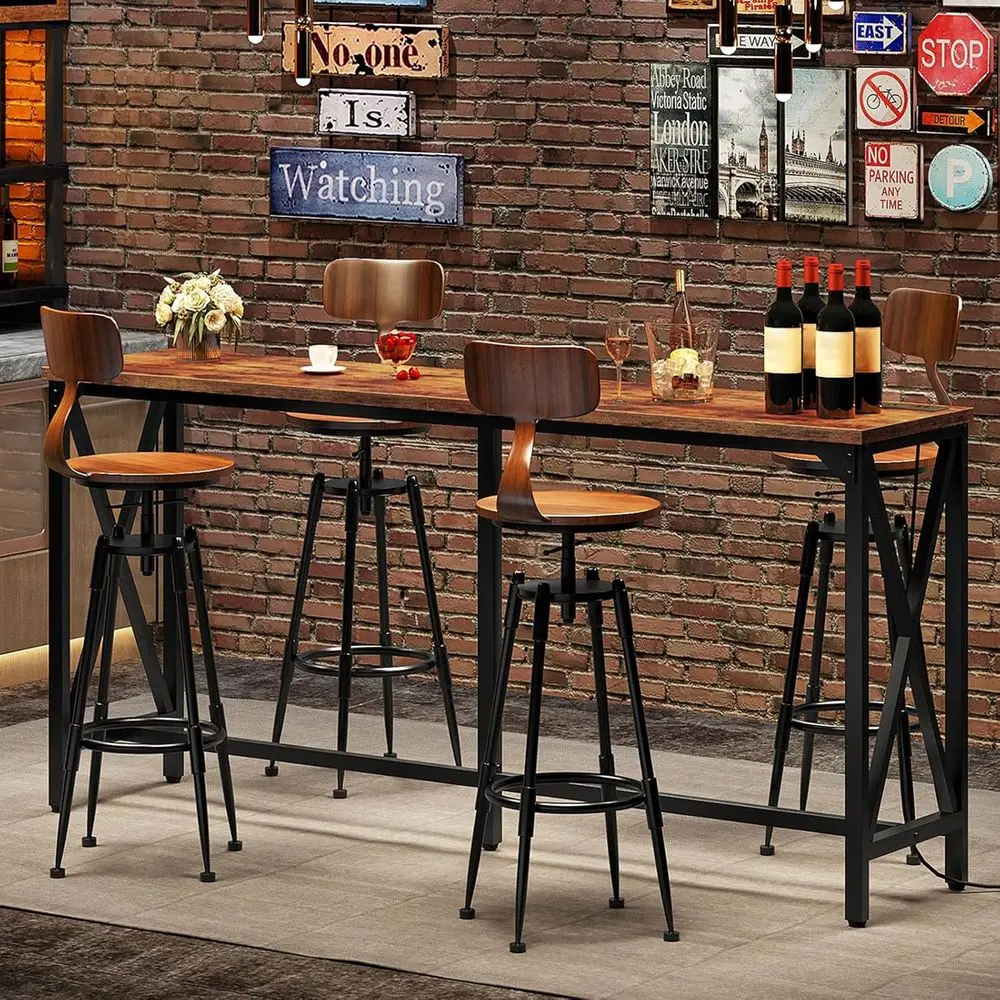 

63'' Bar Table, Kitchen Dining Table with Power Outlet and ootrest, Industrial Style, or Pub, Living Room, Rustic Brown and Blac