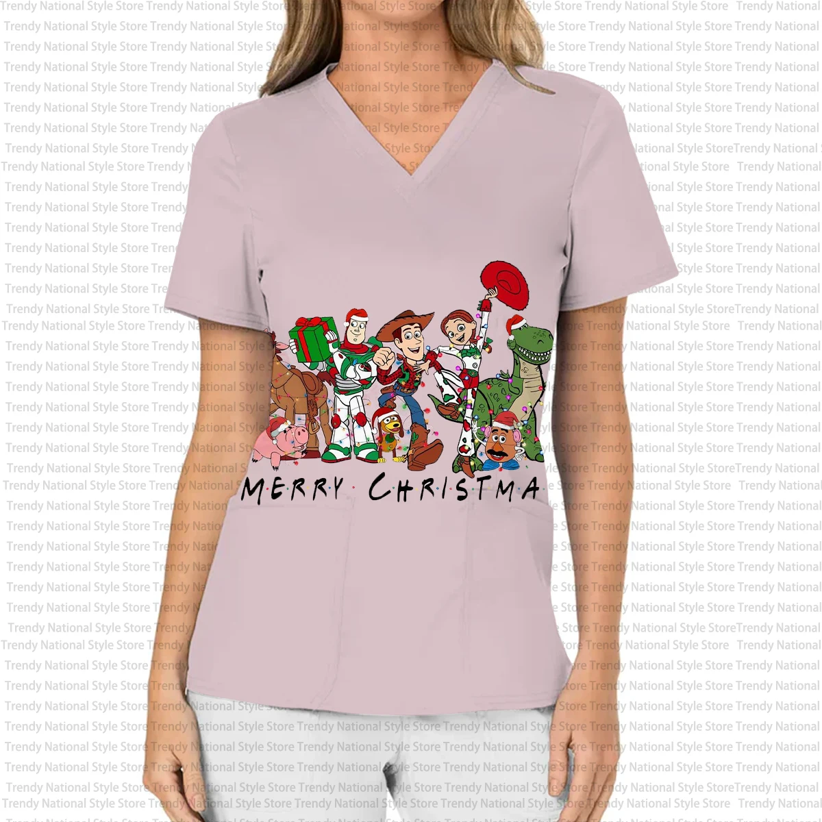 Summer Disney Buzz Lightyear Women's Work Uniform V-Neck Pocket Frosted Top with Unique Print Suitable for Business T-Shirt