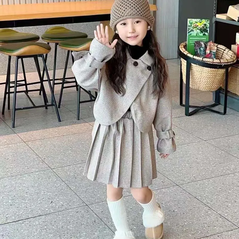Children Coat Outwear+Skirts Cute Princess Style Pleated Skirt Thickened Warm Jacket Gift Fashion Girls Suit Autumn and Winter