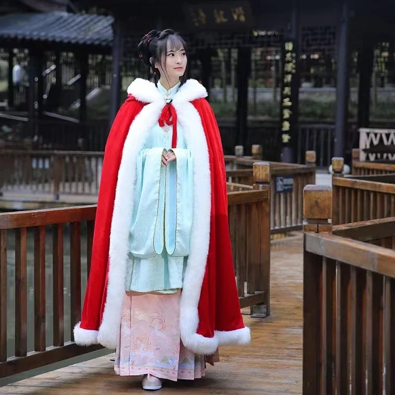 

Hanfu Cloak Winter Warm Coat Chinese New Year Traditional Cosplay Hooded Overcoat Long Women Thickened Ancient Clothing WATER