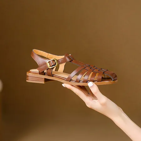 

Women’s Genuine Leather Woven Roman Sandals Hollow Cutout Flat Shoes Vintage Literary Style Casual Flats