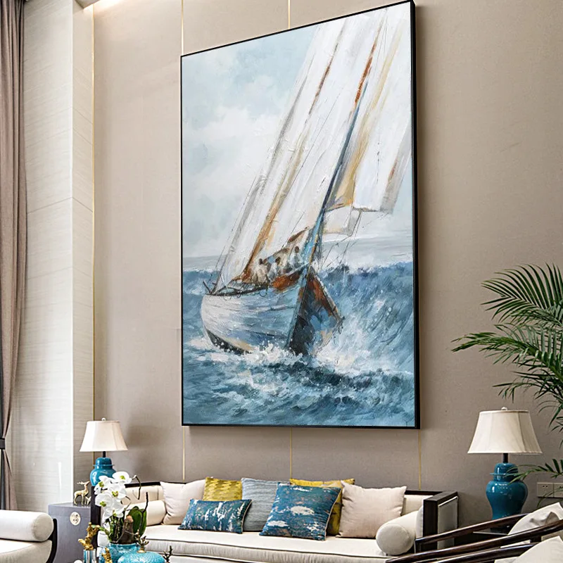 Modern Abstract Hand Painted Oil Paintings Sea Wall Art Ocean Sailing Boat Style Handmade Painting Living Room Wall Decor Home