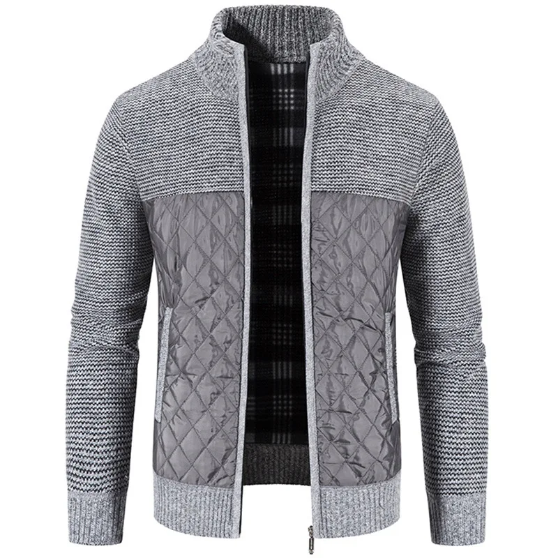 Jaqueta de costura de malha masculina, suéter cardigan grosso, gola alta, roupa casual masculina, outono, inverno, caloroso