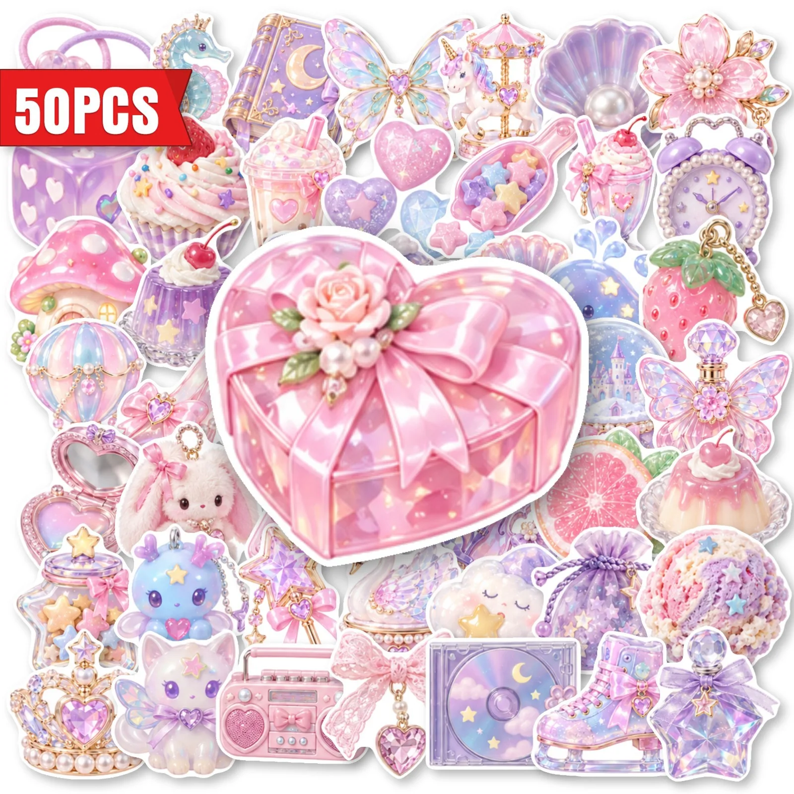 50 PCS Pink Purple Dreamy 3D Jelly Glitter Ins Style Women Stickers Storage Box Gift Box Phone Greeting Card Decorate Decals