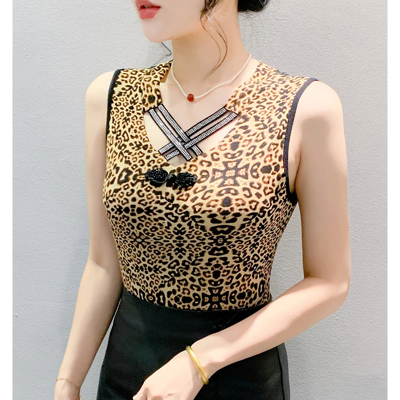 

Женская футболка с леопардовым принтом, Сетчатая футболка без рукавов с перекрестными стразами, лето 2024
