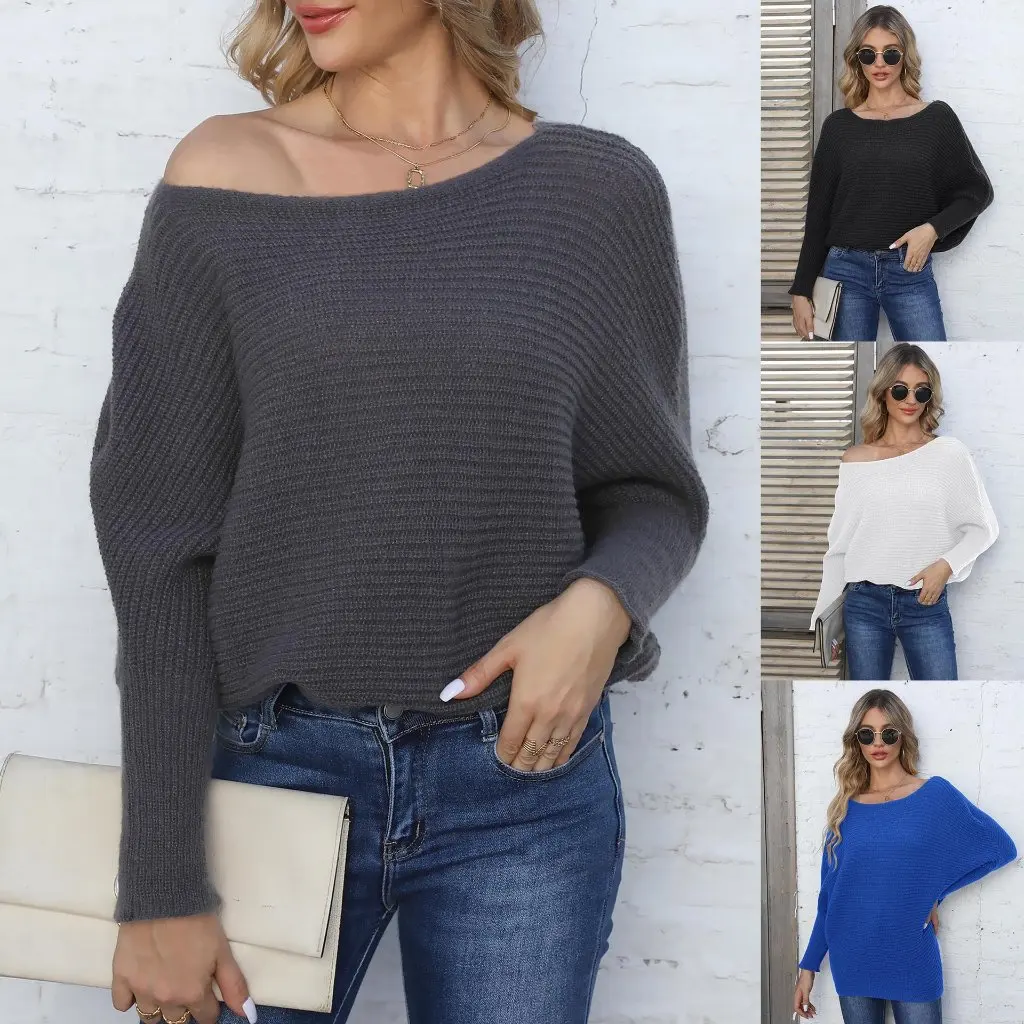 

Women's Off-Shoulder Pullover Woven Sweater Batwing Sleeve Loose Casual Style for Autumn Winter European American Fashion